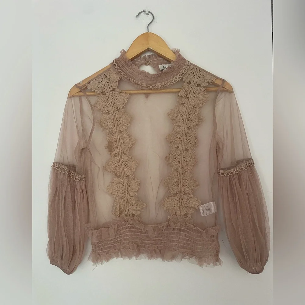 Molly Bracken Floral Lace Sheer Blouse Tan Long Lantern Sleeves Tops Mesh - Picture 10 of 11